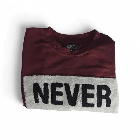 Men's Burgundy Crewneck Sweatshirt with 'NEVER' Chest Patch - Picture 6 of 6